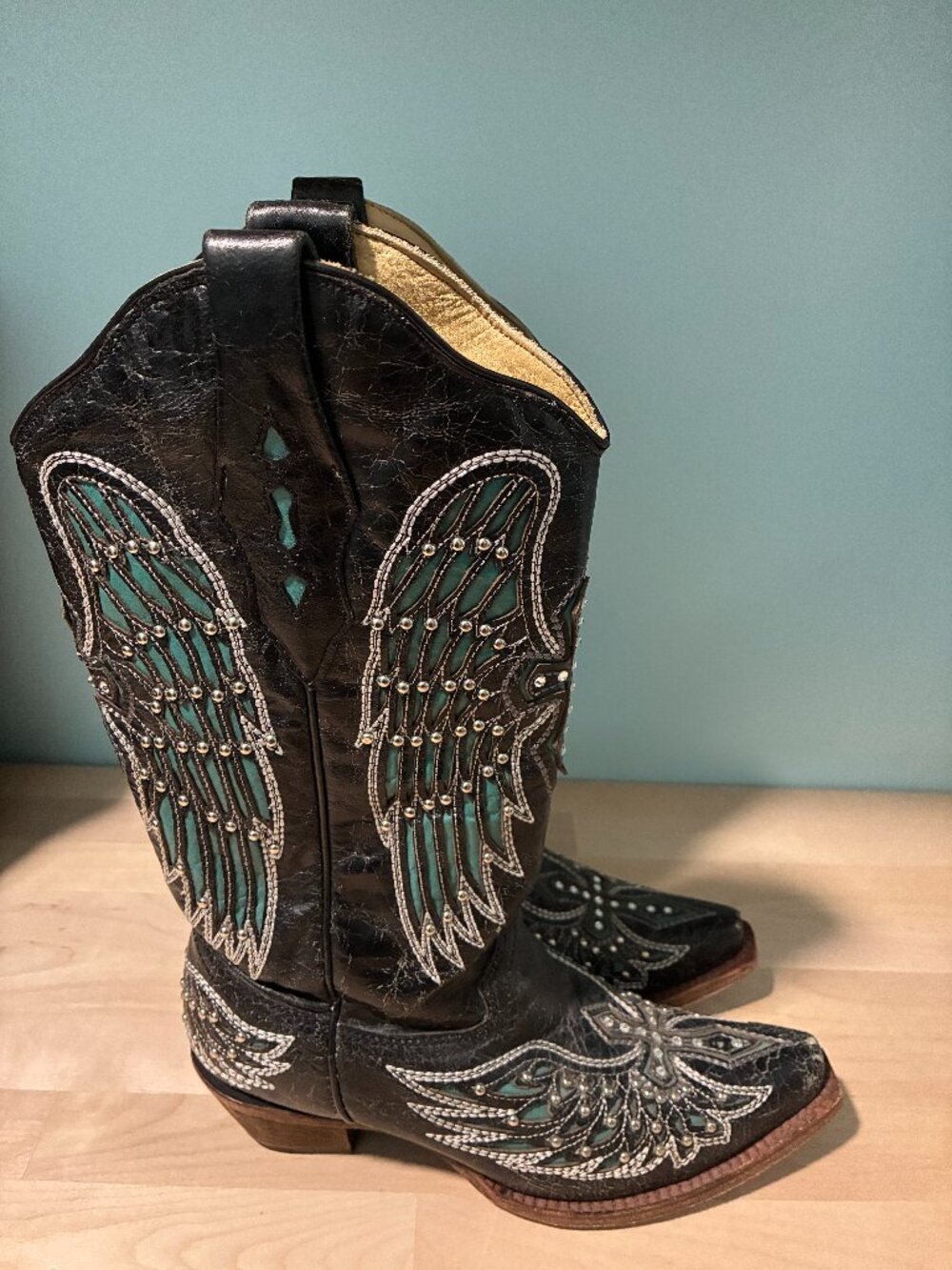 Corral Turquoise Inlay Cowboy Boots, Distressed Leather Western Wing Cross Snip